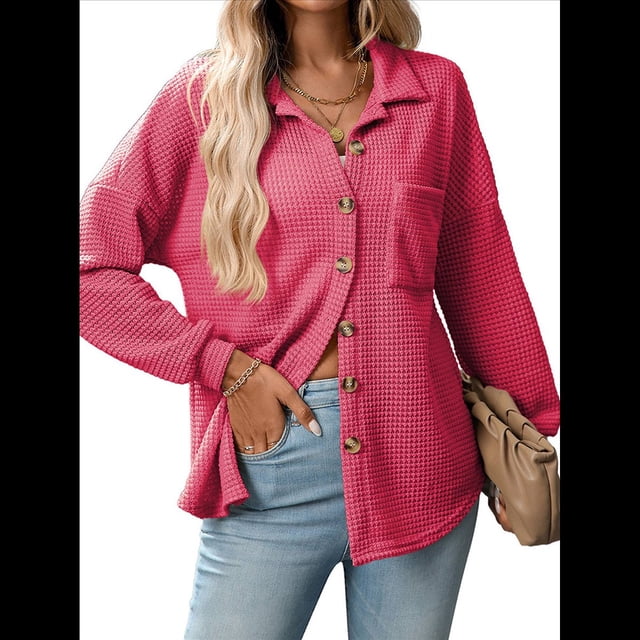 Camisas de Punto Gofre con Botones para Mujer, Chaqueta Informal de Larga, Blusas Estilo Boyfriend, Corte Holgado Rosa Roja M