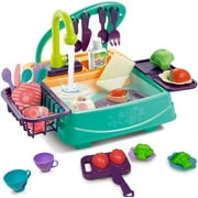 Kitchen Sink Toys, Kitchen Sets Wash Up Cutting Vegetables Toys, Electric Dishwasher with Running Water Cycle System, Pretend Role Play Kitchen Toys for Boys Girls