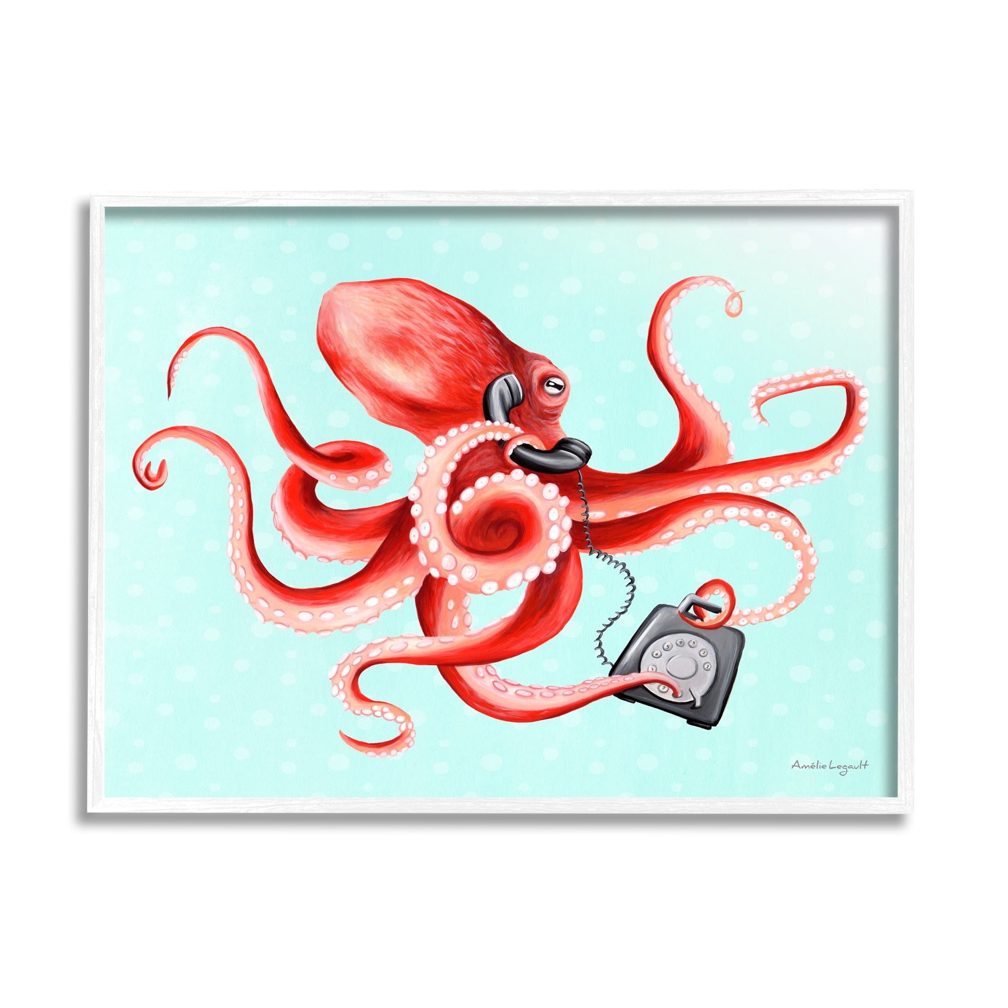 Stupell Industries Red Ombre Octopus Tentacles Retro Rotary Phone Graphic Art White Framed Art Print Wall Art, Design by Amelie Legault