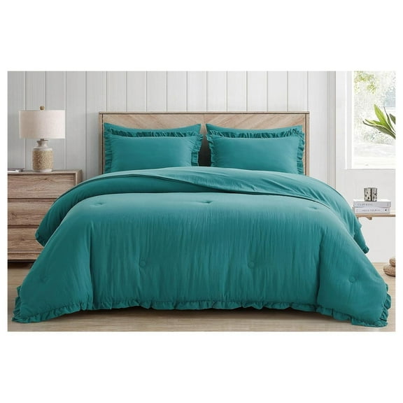 Eleanora King Bed in a Bag 7-Pieces Ruffled Edge Trim Stone Washed Double Brushed Microfiber Comforter with Sheets Lightweight All Season Bedding Set (King, Teal) Teal, Ruffled Edge