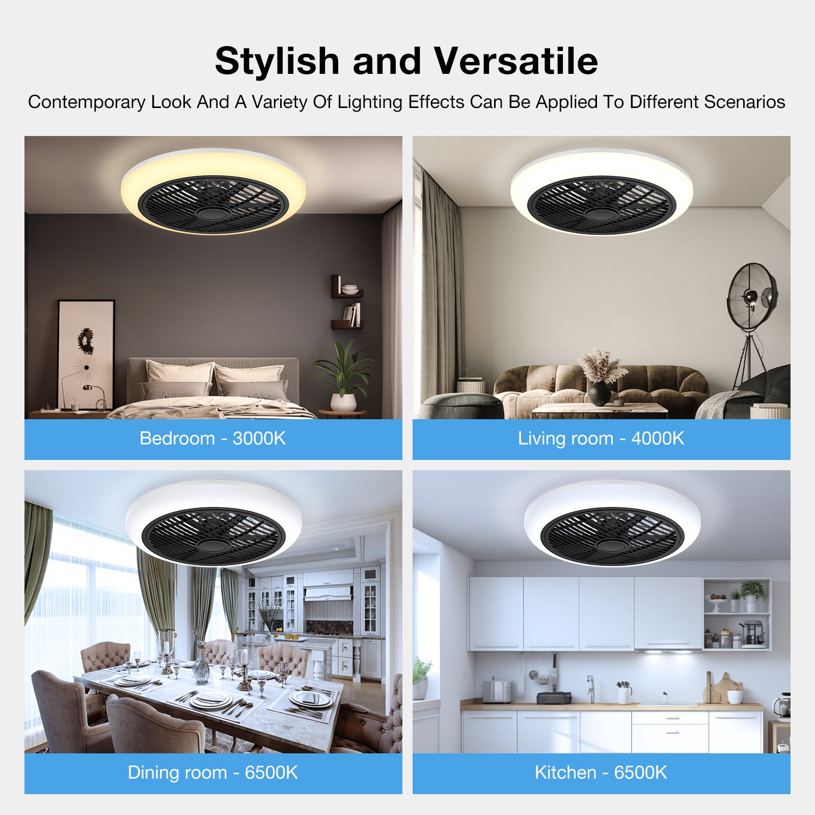 BLITZWILL 18in Ceiling Fan with Light, 6-Speed Reversible, Dimmable LED Timing with Remote & APP Control, Modern Bladeless Flush Mount Ceiling Fan, Black