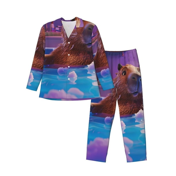 Balery Capybara Bathtub Fun Pijama para Hombre de Dos Piezas con Manga Larga, Conjunto de Dormir y Descanso Suave con Bolsillos-Large
