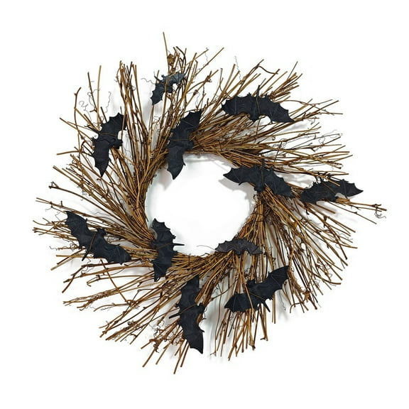 17.7”Artificial Halloween Wreath Black Twig Wreath with Bats Handmade Halloween Wreath Sparkling Hanging Decorations for Front Door Indoor Outdoor Halloween Party Home Decorations