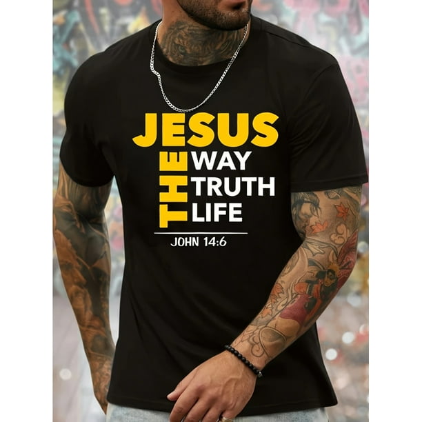 Camiseta gráfica para hombre "Jesús, el Camino, la Verdad, la Vida" - Algodón negro, cuello redondo, manga corta, corte cómodo, ideal para primavera y verano.