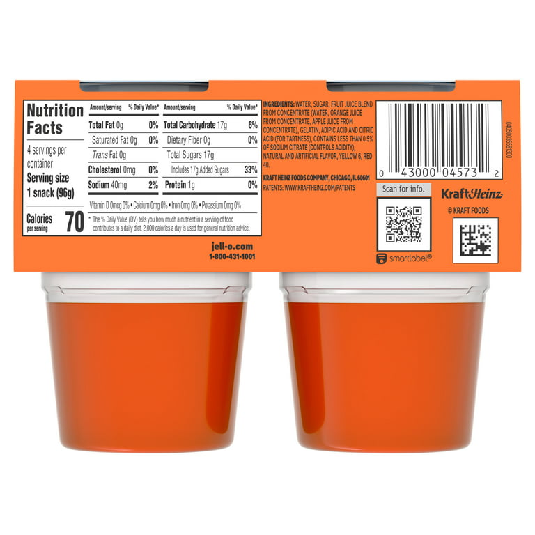 Jell-O Original Orange Artificially Flavored Ready-to-Eat Gelatin Snack Cups,  4 Ct Cups, Refrigerated Jello & Pudding