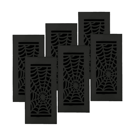 SET OF 6 Spooky Gothic Vent Cover 4"x10" Duct Opening (Overall 5-1/2"x 11-3/4") in Spider Web Solid Cast Aluminum Register Cover || Powder Coated Black No holes