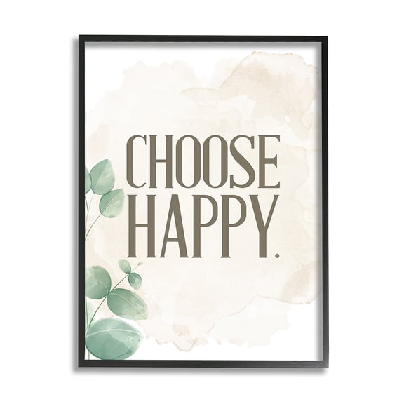 Stupell Industries Choose Happy Text Green Leaves Neutral Brown Black Framed by Kim Allen