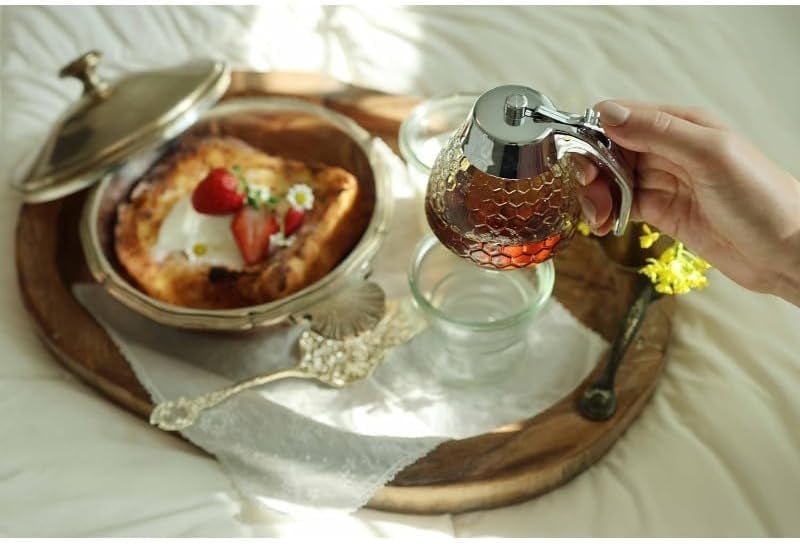 8fl oz Honey Dispenser with Stand – No-Drip Chrome-Plated ABS Lid, Honeycomb Design Jar for Honey, Maple Syrup