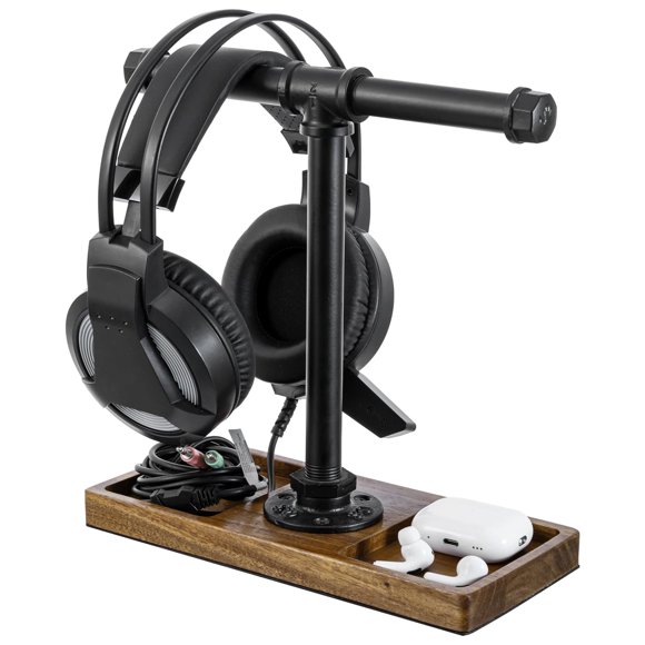 MyGift Support d'Écouteurs Supra-Auriculaires à Barre en T en Bois Massif d'Acacia de Qualité Supérieure et Tuyau Industriel en Métal Noir, Double Headpho de Table