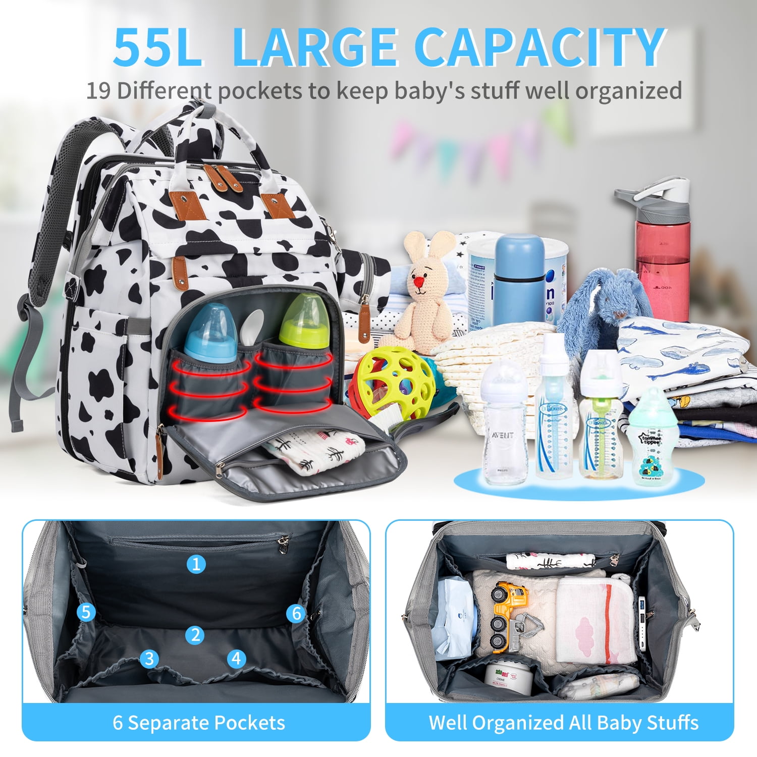 Baby Diaper Bag Backpack with Changing Station & USB Charging Port, Multifunctional Newborn Baby Bag Backpack, Cow