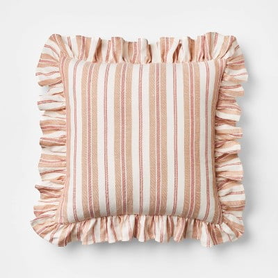 Square Woven Stripe Throw Pillow with Ruffle Rose/Ivory