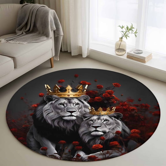 Round Area Rug 4 Ft, Lions Couples Washable Non-Slip Circle Carpet for Living Room/Bedroom, Valentine's Day Red Roses Crown Animal Low-Profile Crawling Mats Collection Rugs for Indoor