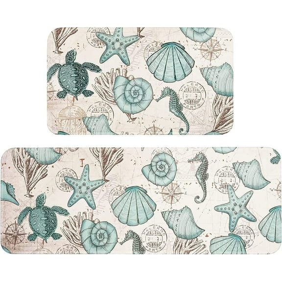 Coastal Kitchen Rugs Set of 2, Anti Fatigue Cushioned Kitchen Rugs and Mats, Kitchen Rug Runner Non Slip, Summer Nautical Kitchen Rugs Set for Kitchen Office Decor,17'''' x 47'''' 17'''' x 30''''