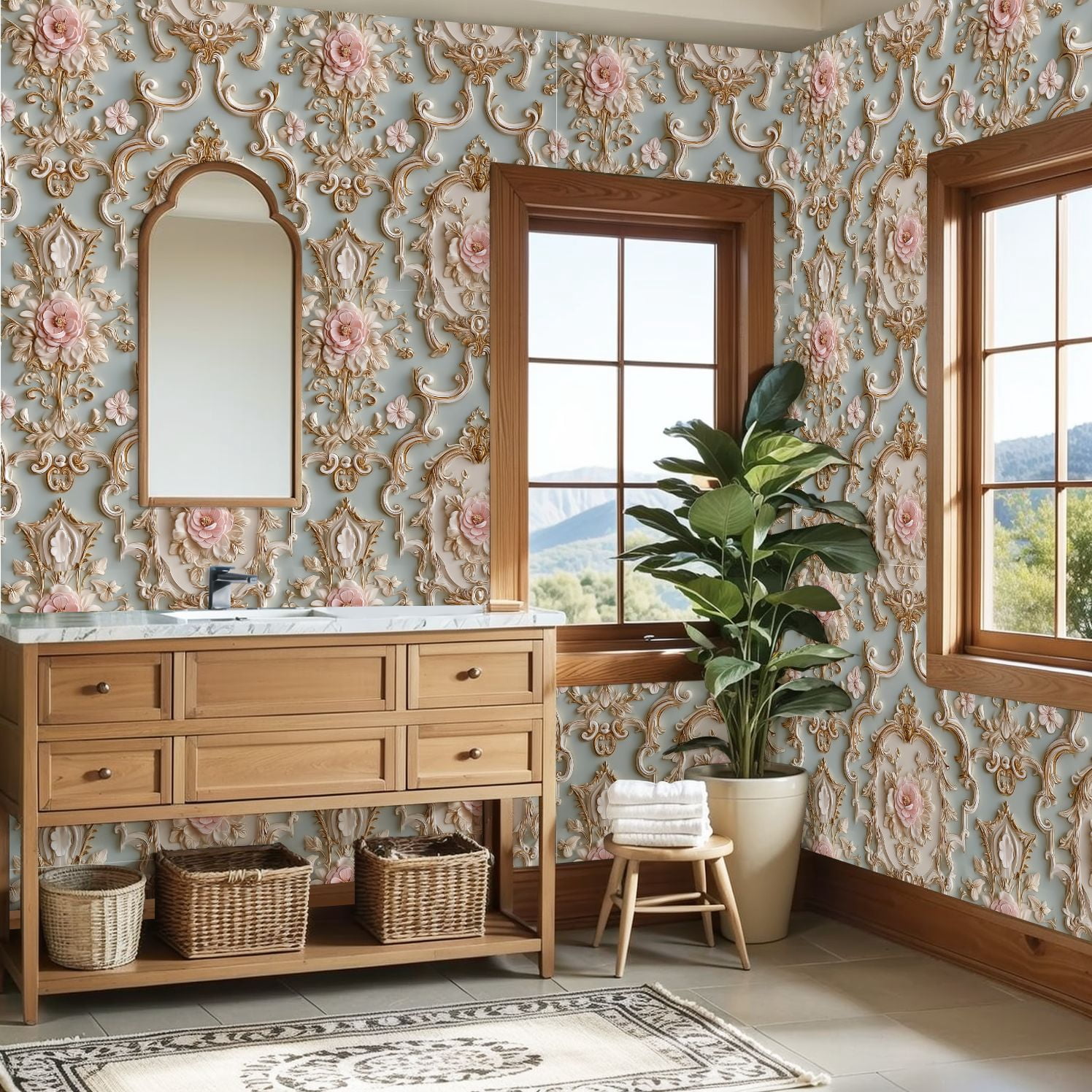 Peel and Stick Wallpaper Ornate Floral Design Soft Pink Flowers Gold Accents Elegant Blue Wall Mural 23.6in x 9.8ft Self Adhesive Removable Wall Paper Renter Friendly Wallpaper for Bedroom