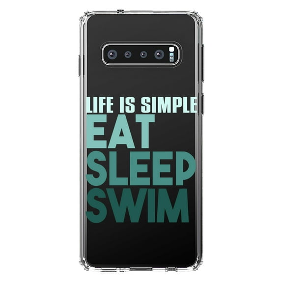 DistinctInk Clear Shockproof Hybrid Case for Samsung Galaxy S10 (6.1" Screen) - TPU Bumper Acrylic Back Tempered Glass Screen Protector - Life Is Simple Eat Sleep Swim