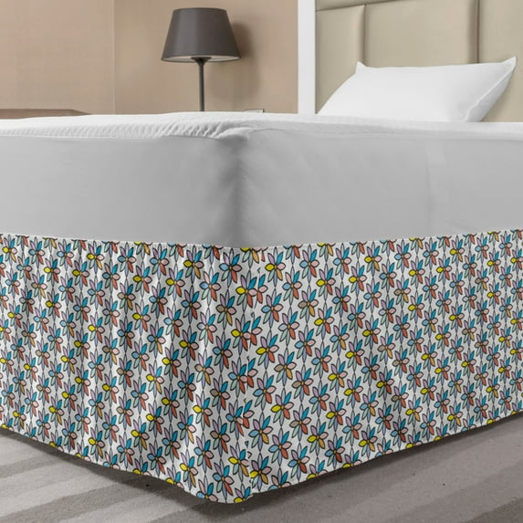 Muted Colors Bed Skirt, Composition of Colorful Spring Time Floral Shapes on a Plain Background, Elastic Bedskirt Dust Ruffle Wrap Around for Bedding Decor, 4 Sizes, Multicolor, by Ambesonne