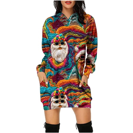 Christmas Dresses for Women - Women Hoodies Dress Womens Christmas Hooded Dress Casual Long Sleeved Dresses Christmas Printed Dress