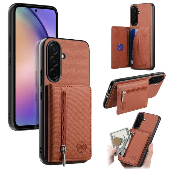 Wallet Case for Samsung Galaxy A25 5G, Premium Fabric Texture TPU Flip Cover with Zipper Pocket & Card Slots & RFID Blocking & Kickstand Shockproof Protective Phone Case, Brown