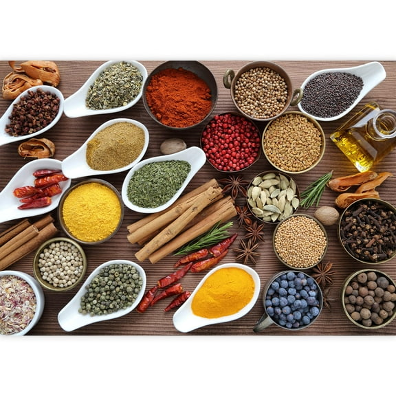 wall26 - Flavorful, Colorful Spices in Ceramic and Metal Bowls on Wooden Background. - Removable Wall Mural | Self-Adhesive Large Wallpaper - 100x144 inches