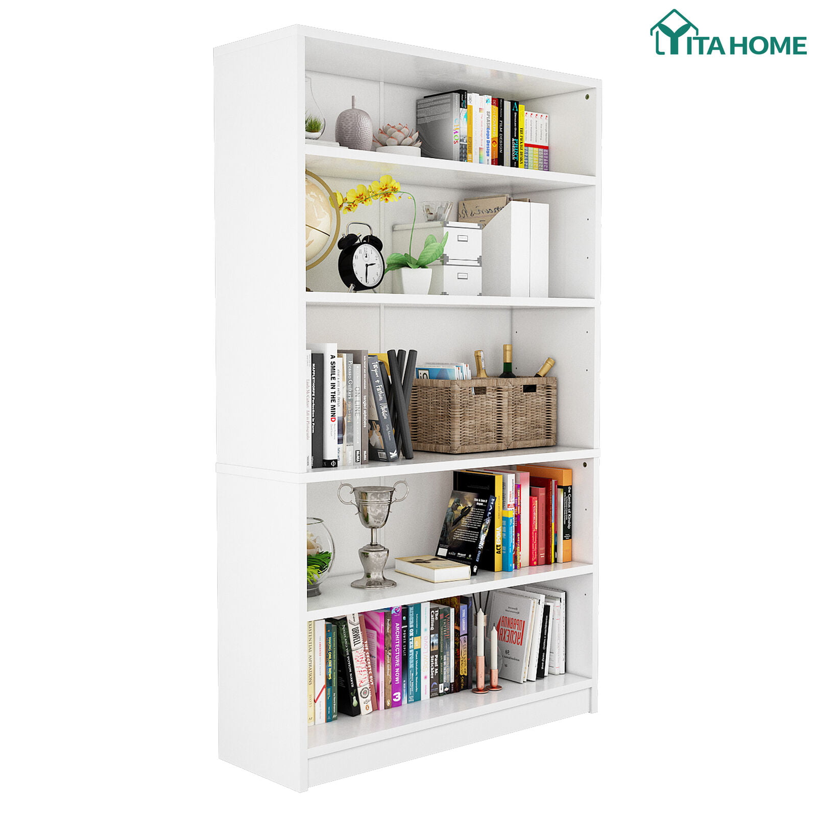 Adjustable 5-Shelf Wood Bookcase Storage Shelving Book Wide Bookshelf Furniture