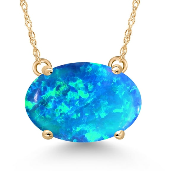 Gem Stone King 14K Yellow Gold Blue Simulated Opal Pendant Necklace | 1.17 Cttw | Gemstone October Birthstone | Oval Cabochon 11X9MM | Gold Necklace for Women | With 18 inch Gold Chain