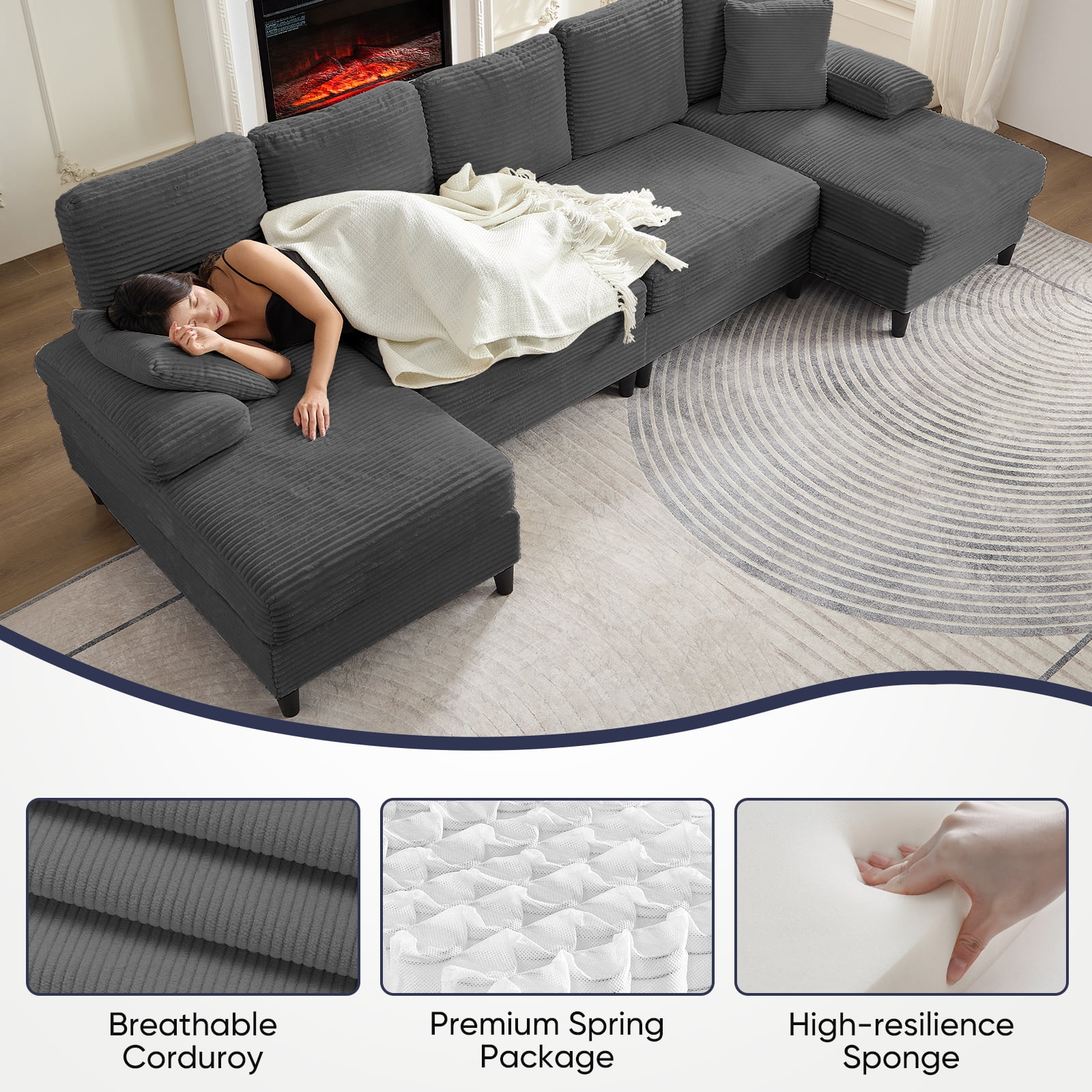 Mjkone U-Shaped Sectional Sofa, 4 Seats Corduroy Couch with Double Comfy Chaise for Living Room - Dark Gray