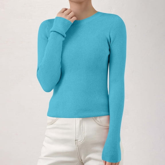 Women's Ribbed Knit Pullover Sweater, Slim Fit Soft Round Neck Top for Fall Winter, Comfortable Stretchy Casual Daily Wear, Versatile Layering Piece for Various Occasions Sky Blue M