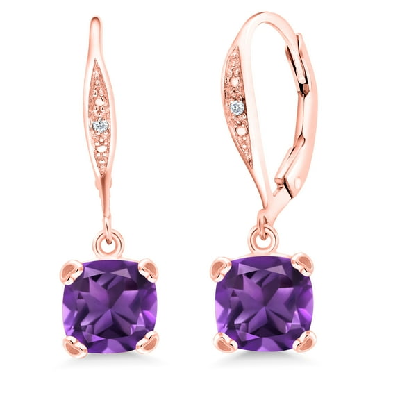 Gem Stone King 18K Rose Gold Plated Silver Purple Amethyst and White Diamond Earrings for Women (2.81 Cttw, Gemstone February Birthstone, Cushion 7MM)