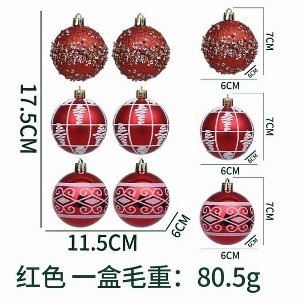 Adornos navideños de bolas de plástico galvanizado (6 piezas) | Diseño de caja de regalo | Colores rojo, dorado y champán | 7 x 6 x 6 cm