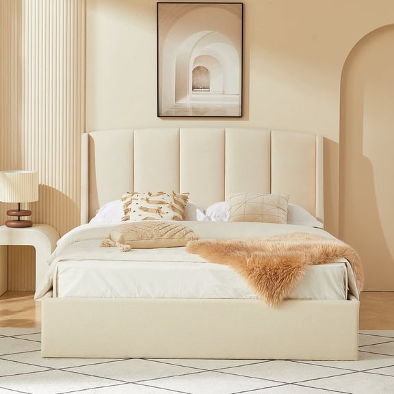 Queen Size Lift Up Storage Bed Frame, Upholstered Platform Bed with Hydraulic Storage Underneath, Vertical Channel Tufted Wingback Headboard, No Box Spring Needed, Beige