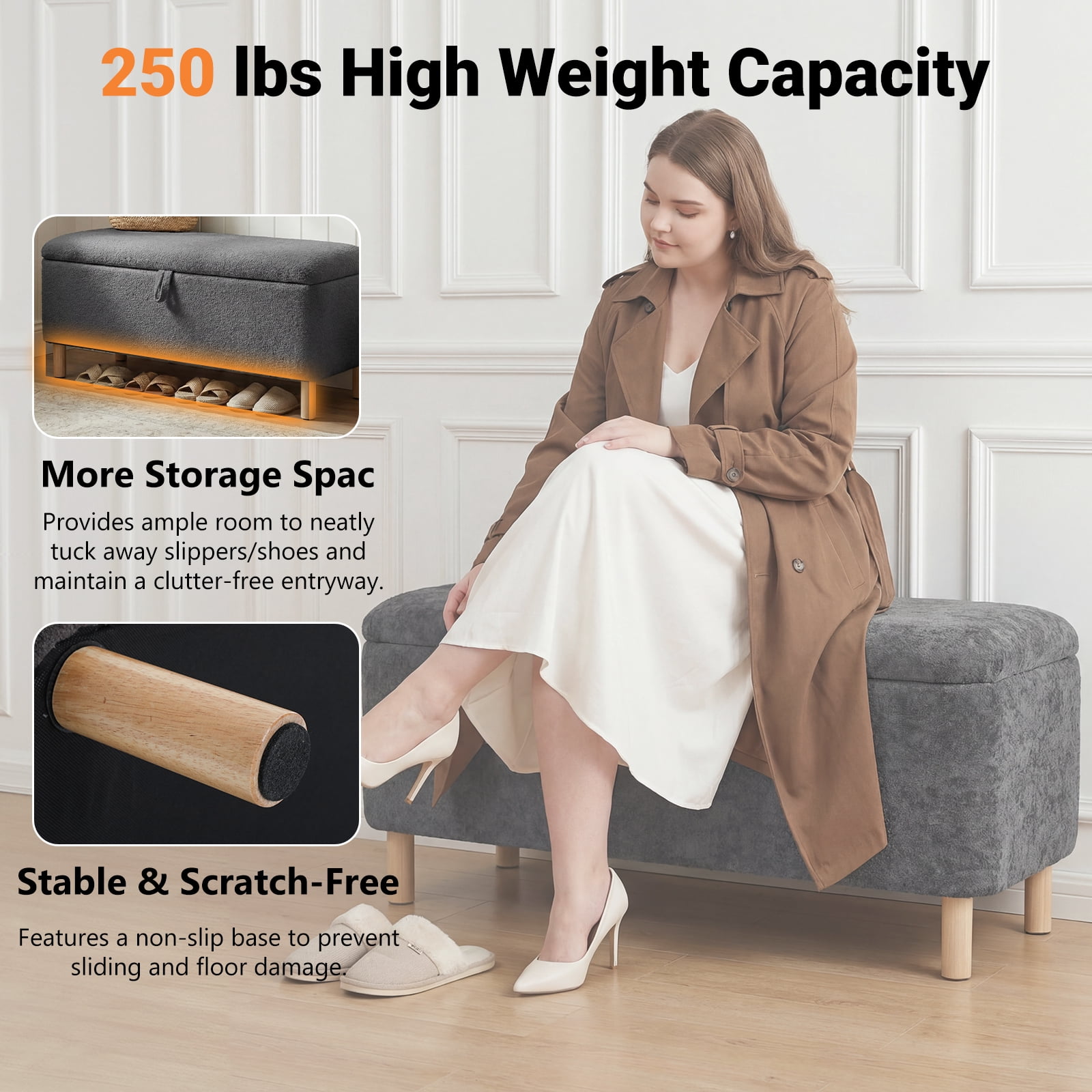 AFO 40" Storage Ottoman Bench, Large 80L End of Bed Bench with Safety Hinge, Upholstered Footrest for Bedroom Living Room Entryway, Dark Gray