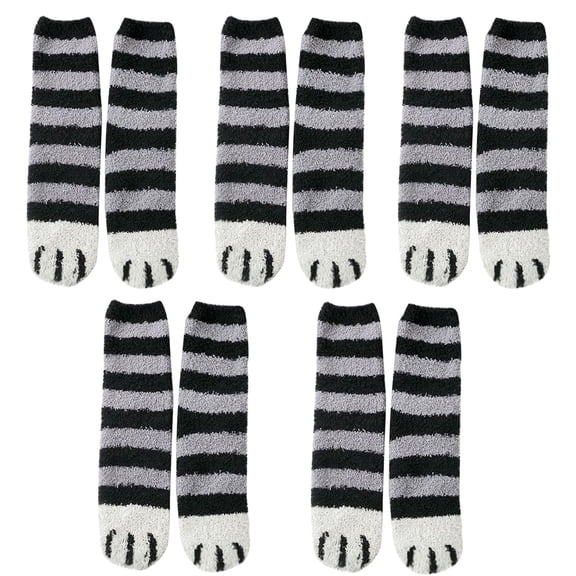 Women Cute Cat Socks 5 Pairs Fuzzy Socks Winter Fluffy Cozy Plush Slipper Socks with Paw Print in Dark Gray