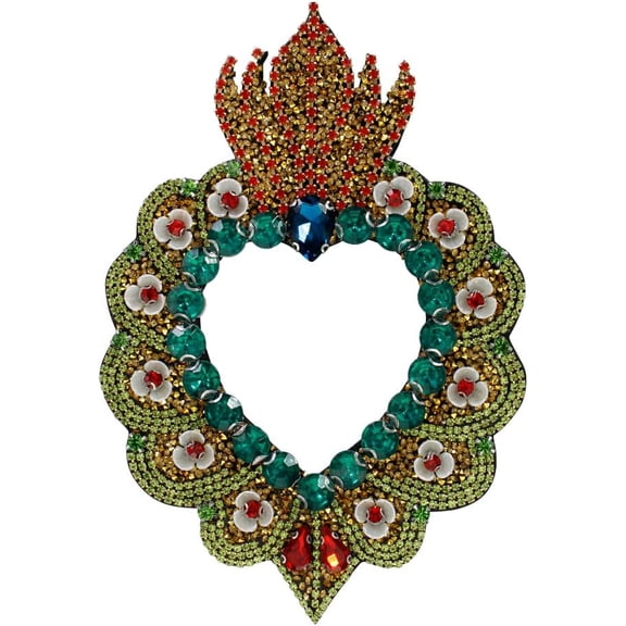1 Piece Sacred Heart Patches Flaming Crown Heart Patches Crystal Mexican Art Sew on Applique Patches for Clothes Decorative