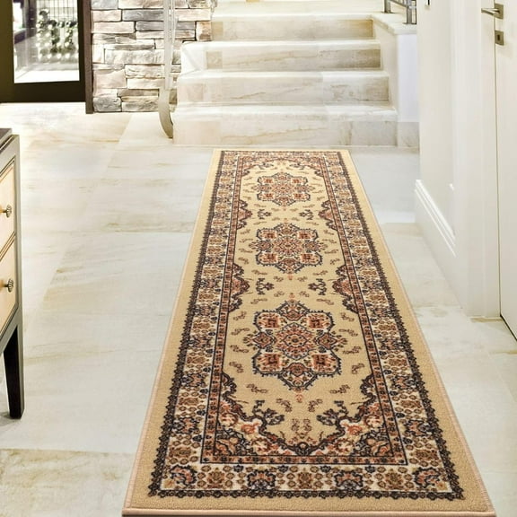 CSPP Alfombras Oriental Traditional 2x10 Non-Skid (Non-Slip) Low Profile Pile Rubber Backing Indoor Runner Rugs (Beige, 2' x 10')