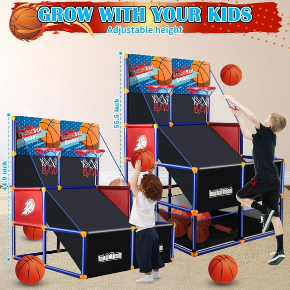 Arcade Basketball Game Set for Kids 2 Players Competition, Boy Toys Basketball Hoop with 5 Balls for 3-12 Years Old, Adjustable Height w/Pump&Storage Net for Kids Indoor Outdoor Play