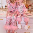 thumbnail image 2 of Conjuntos de pijama navideños para mamá y yo, ropa de dormir de 2 piezas con ribete de plumas, ropa de dormir para mujeres y niñas, 2 of 4