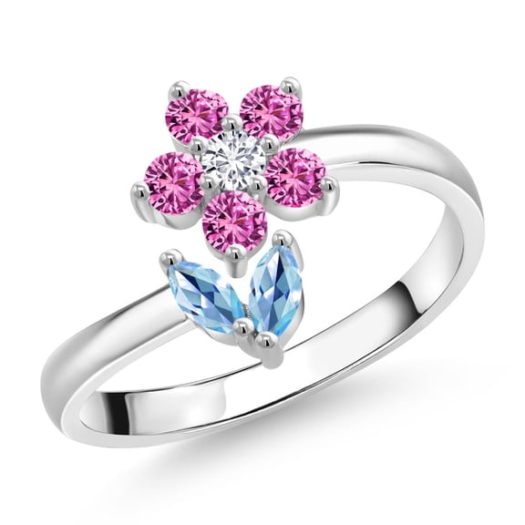Gem Stone King 925 Sterling Silver Swiss Blue Topaz Pink Created Sapphire and White Lab Grown Diamond Flower Open Ring for Women (0.49 Cttw, Gemstone November Birthstone, Size 5)