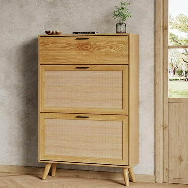 Rattan Shoe Storage Cabinet, Freestanding Shoe Rack Cabinet with 2 Flip Drawers & Wood Legs, Slim Shoe Organizer Cabinet for Entryway