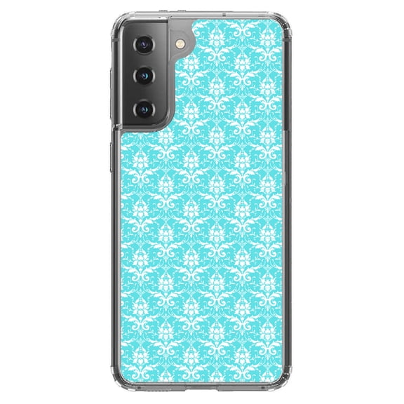 DistinctInk Clear Shockproof Hybrid Case for Galaxy S21 5G (6.2" Screen) - TPU Bumper, Acrylic Back, Tempered Glass Screen Protector - Baby Blue White Damask - Floral Damask