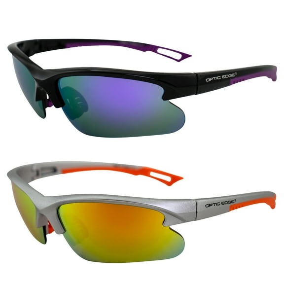 Optic Edge Fireball Wraparound Sports & Motorcycle Sunglasses Semi-Rimless 2 Pairs Black Purple Mirror Lens & Silver Orange Mirror Lens