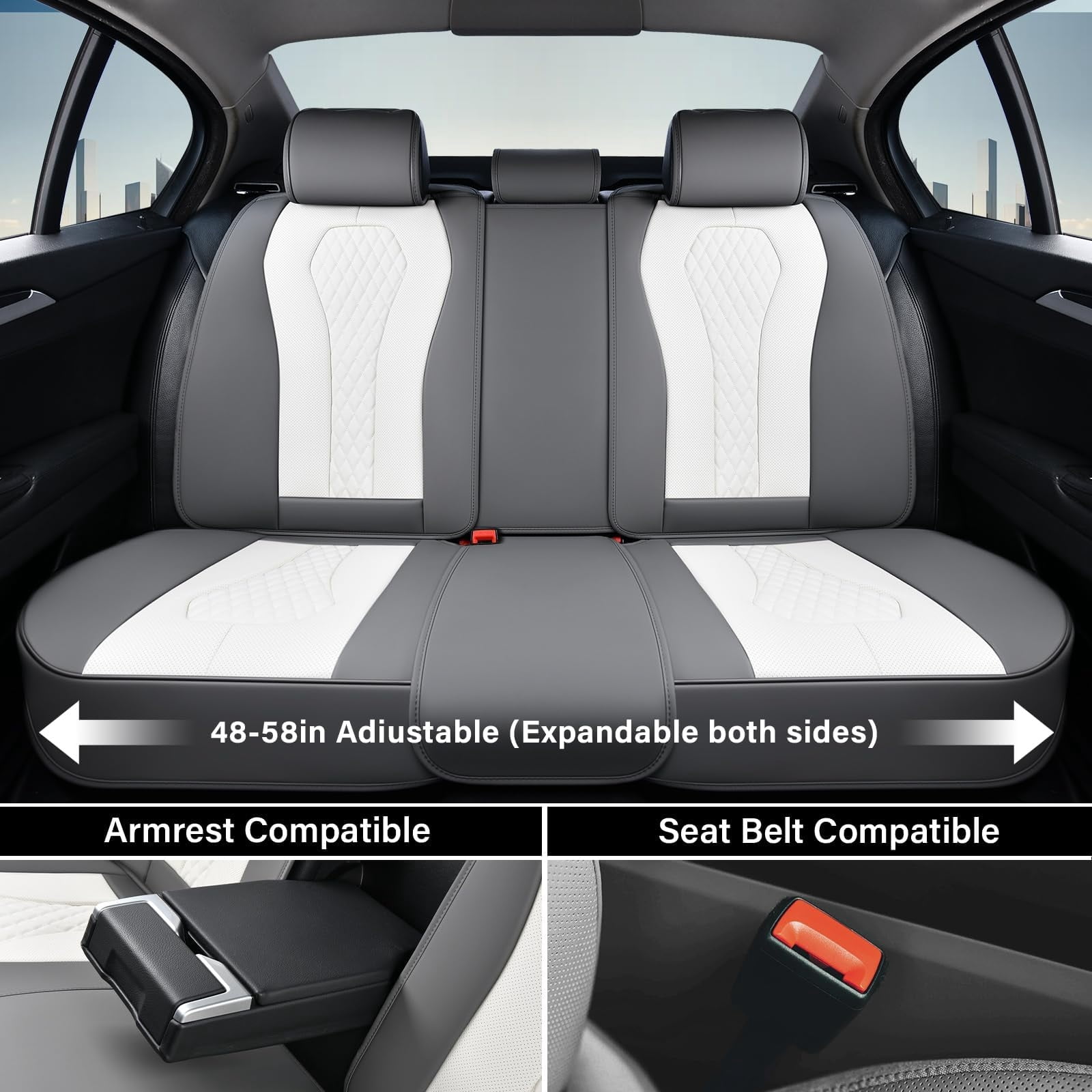 Car Seat Cover for INFINITI Q50 2014-2024, Gray and White Car Seat Covers, Waterproof Leather, 5 Piece Full Set, Easy to Clean and Install, Non-slip, Beautify Interior