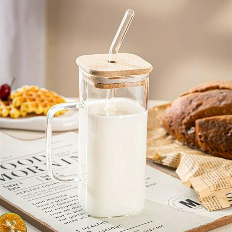 400ml Square Glass Mug Breakfast Milk Coffee Cup Lid Straw Coffee