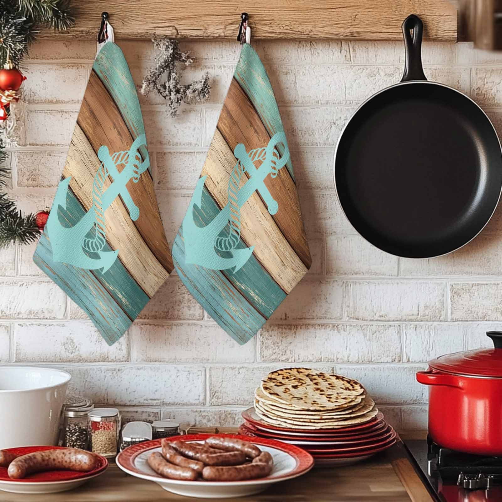 Turquoise Anchor Kitchen Towels Set of 2, Nautical Brown Green Retro Wood Grain Absorbent Dish Towels for Kitchen, Microfiber Hand Towel, Quick Drying Tea Towel for Cleaning Decorative Dishcloths