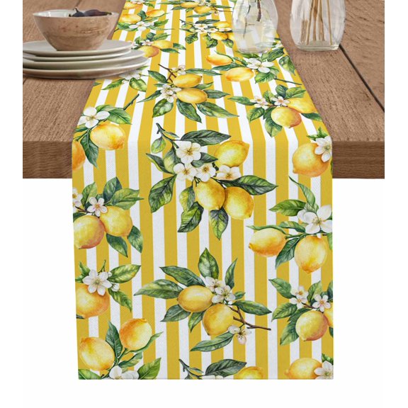 Lemon Leaves Table Runner 70 Inches, Yellow Vertical Stripes Spring Flowers Bed Runner Dresser Scarves Tabletop for Indoor Outdoor Parties/Ceremony/Banquet, 13" x 70"