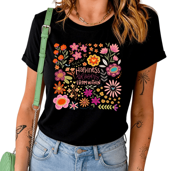 UNISHE Women's Happiness Blooms From Within Boho Floral Graphic Short Sleeve Crewneck T-Shirt Inspirational Cotton Tee
