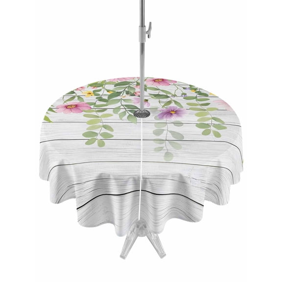 Outdoor Tablecloths with Umbrella Hole & Zipper, Colorful Flowers Round Tablecloths 60 Inch, Spring Leaves Floral Botanical Wood Grain Waterproof Table Cloth, Patio/Pool/Picnic Table Covers