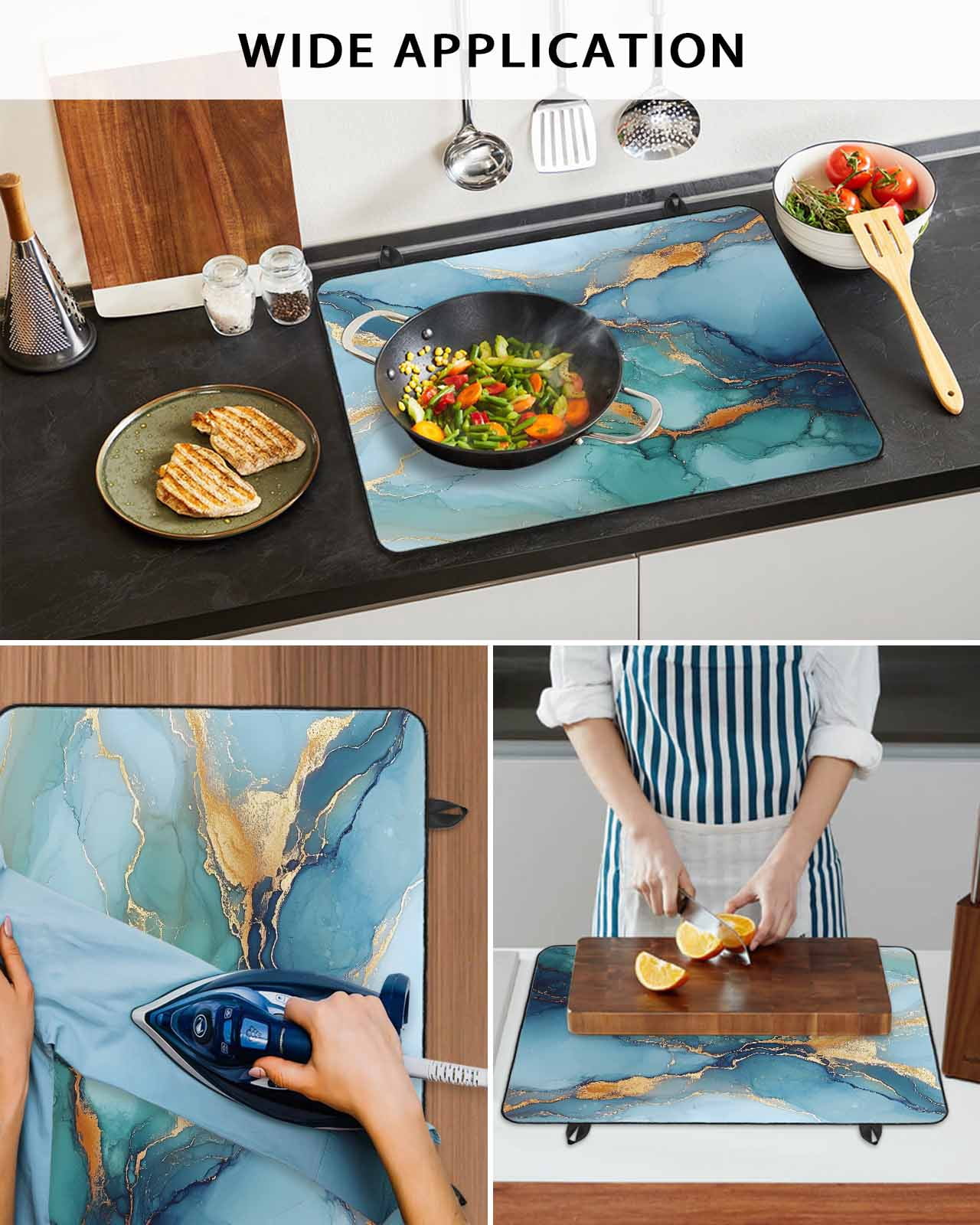 nqOlkjepod Large Induction Cooktop Protector Mat 36"x21", Turquoise Blue Stove Top Covers for Electric Stove, Modern Teal Gold Marble Textured Stove Burner Cover Mats, Glass Top Stove Cover