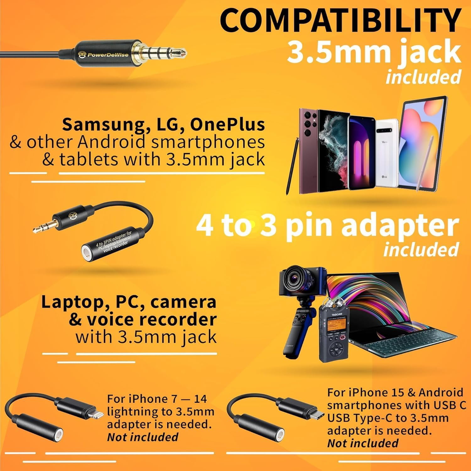 PowerDeWise Dual Lavalier Microphone Set, Wired Clip-On Lapel Microphones with Extension Cables and TRS Adapter, Plug and Play for Smartphones, DSLR Cameras, Interviews, Vlogging, Podcasts