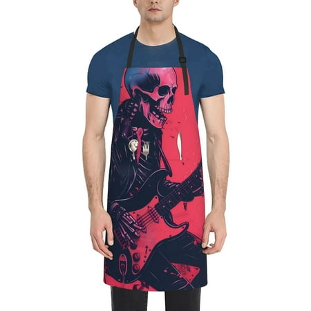 

Lukts Rock Skull Guitarist Pattern Kitchen Cooking Aprons Adjustable Bib Soft Chef Apron with 2 Pockets for Men Women