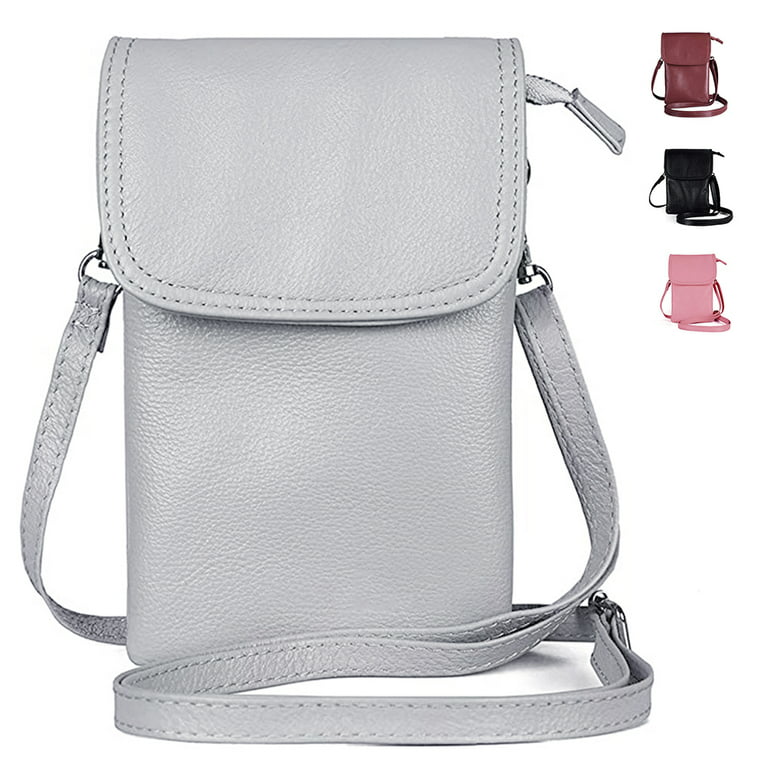 Dicasser Leather Phone Bag,Leather Phone Purse, Small Phone Cross Body Bag  for Women with Long Strap and Key Ring Silver 